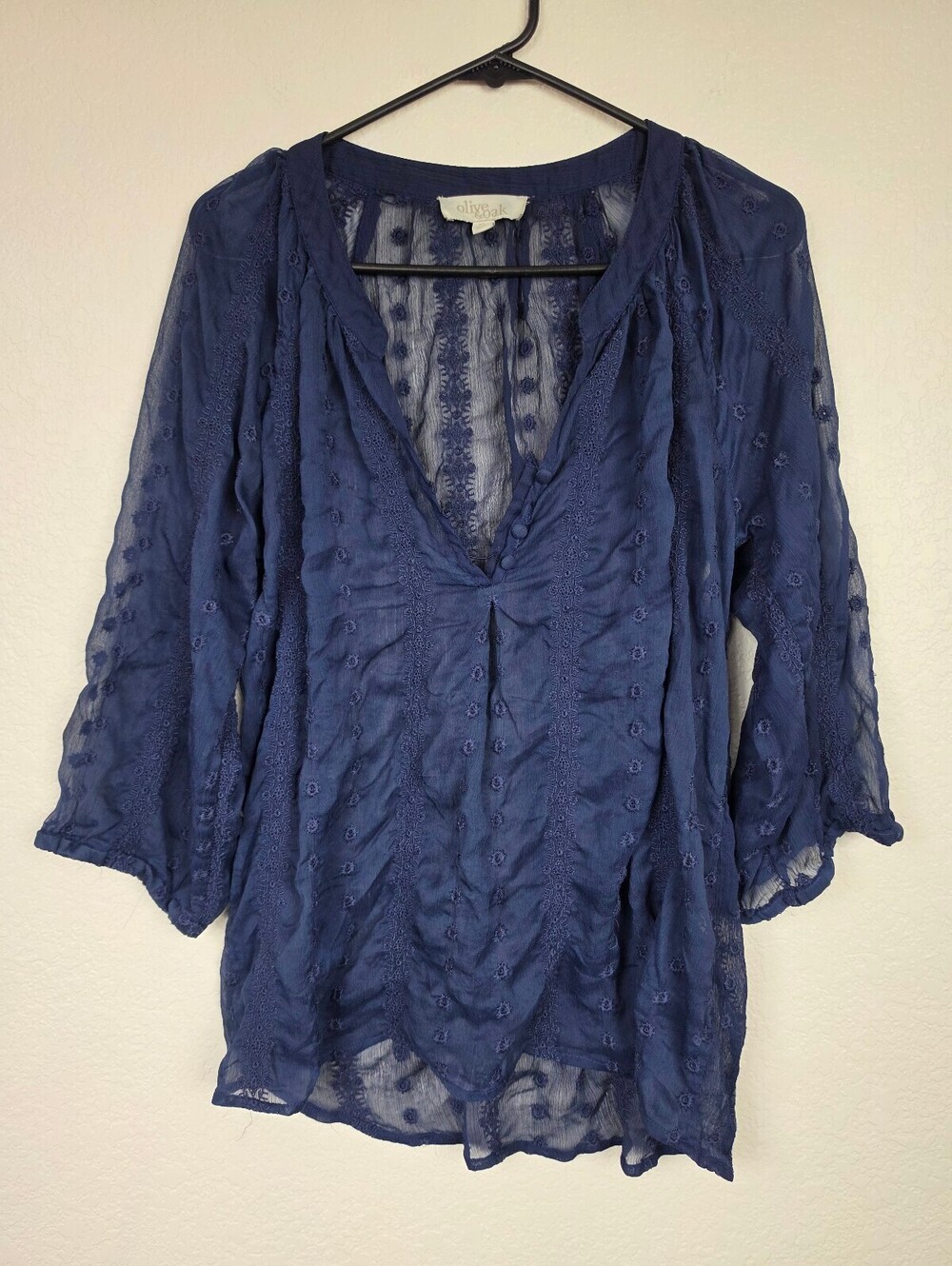 Olive & Oak Navy Blue Sheer Embroidered Blouse XL